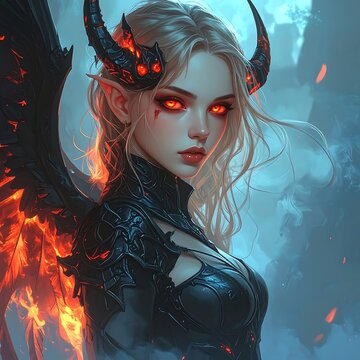 Fantasy female demon with fiery eyes.