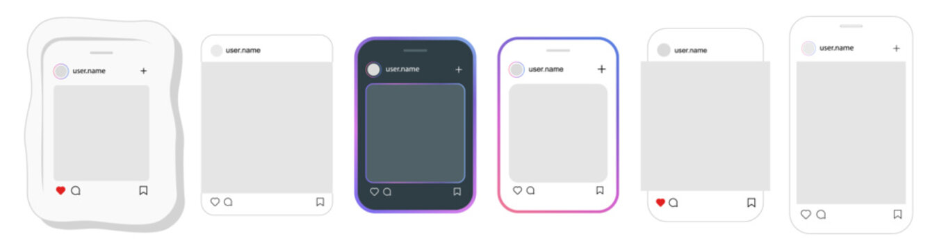 Social Media Post Mockups in Different Styles. Modern Social Media UI Placeholder Template With Blank Photo Frame Mockup