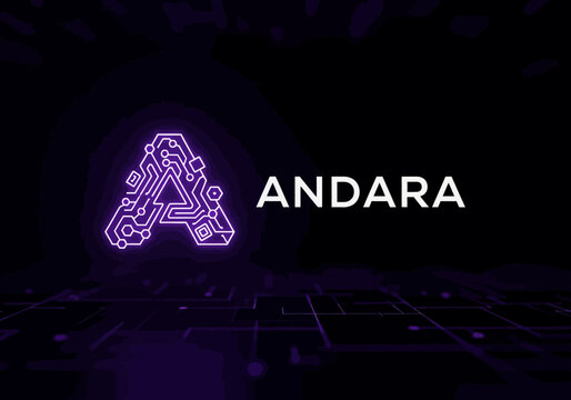 Futuristic glowing circuit board letter A logo with ANDARA text.