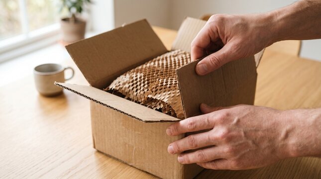 Close-up of hands opening a cardboard parcel box with eco-friendly honeycomb paper wrap packaging on a wooden table.