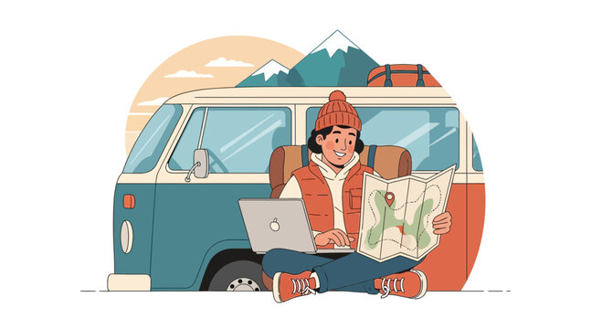 Traveler with laptop and map by van, mountains, planning adventure