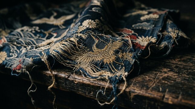 Extreme close-up of tattered antique Japanese textile with traditional crane embroidery on rustic weathered wood.