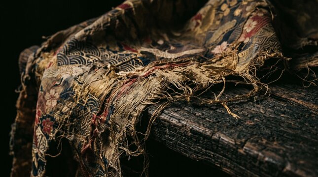 Extreme close-up of tattered antique Japanese textile with traditional crane embroidery on rustic weathered wood.