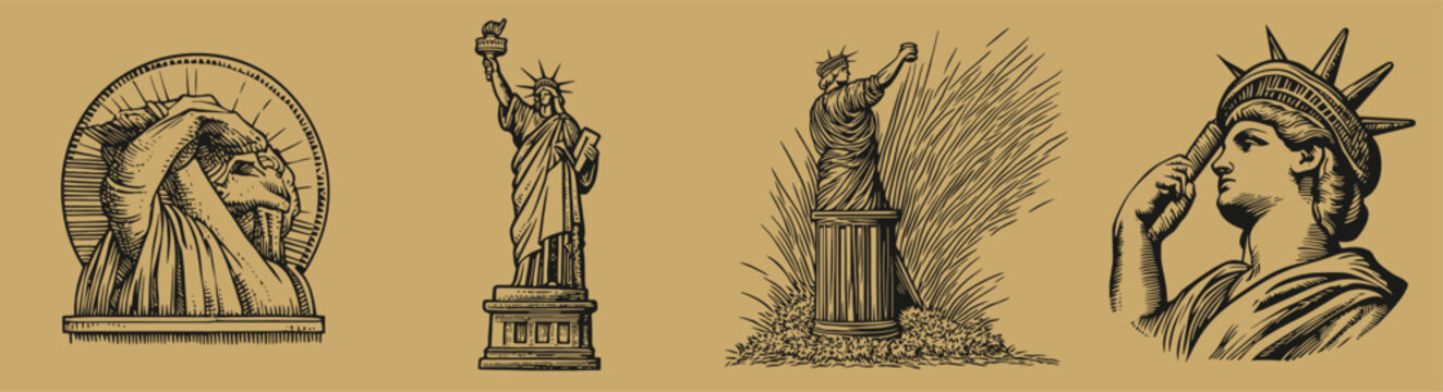 Vintage Illustrations of the Statue of Liberty in Black and White, Logo Design, Hand drawing Engraving, Vector Illustration Isolated Object