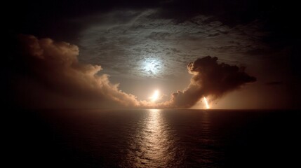 Fototapeta premium Dramatic Night Sky with Explosive Eruption Over Ocean Waves