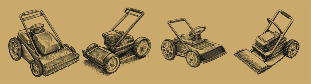 Vintage Lawn Mower Illustrations in Detailed Sketch Style, Logo Design, Hand drawing Engraving, Vector Illustration Isolated Object