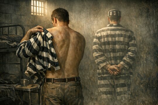 Two prisoners in separate cells, bars and confinement