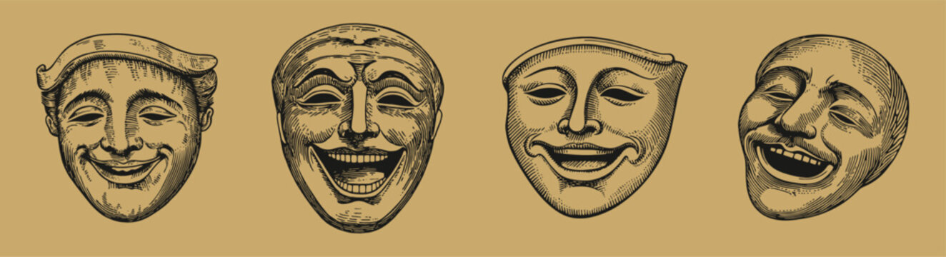 Vintage Theater Masks Representing Comedy and Joyful Expression, Logo Design, Hand drawing Engraving, Vector Illustration Isolated Object
