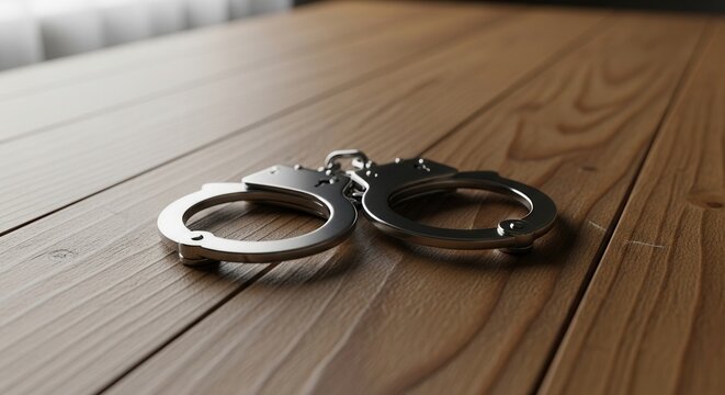 Close-up of metal handcuffs lying on a wooden surface, symbolizing justice and law enforcement.