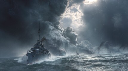 Fototapeta premium Dramatic Battleship Navigating Stormy Seas Under Ominous Clouds