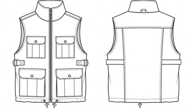 Technical sketch of a sleeveless cargo vest with multiple pockets and adjustable straps, front and back views.