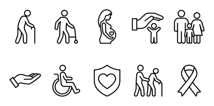 Social welfare and healthcare icons illustrating various aspects of human care, protection, and community support services for all ages.