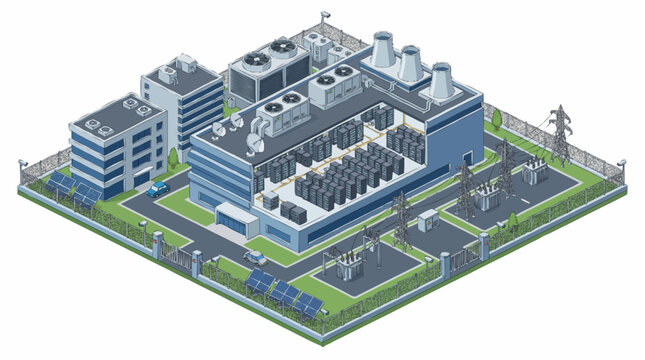 Modern industrial complex with power generation and data center facilities.