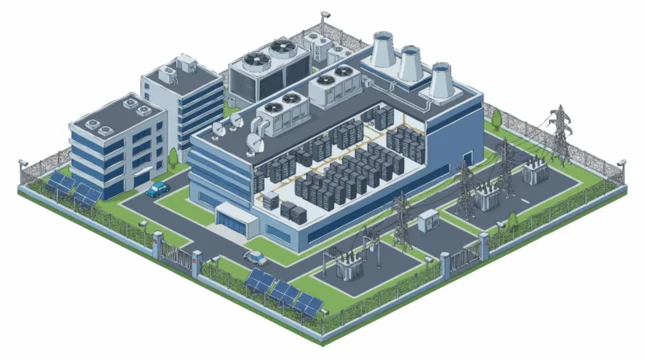Modern industrial complex with power generation and data center facilities.