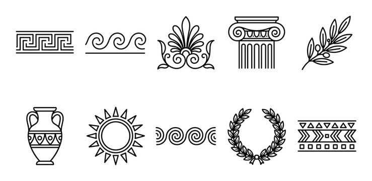 Greek icons and classical symbols collection featuring ancient patterns, traditional decorative elements, historical motifs, and mythological imagery in line art style.