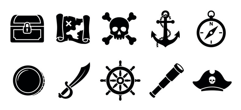 Pirate adventure nautical treasure hunt symbols collection features a variety of classic elements like a chest, map, skull, anchor, compass, and ship's wheel.