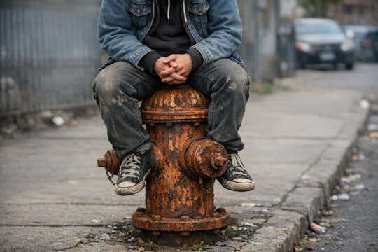 A person sitting on top of a fire hydrant, possibly taking a break or enjoying the view