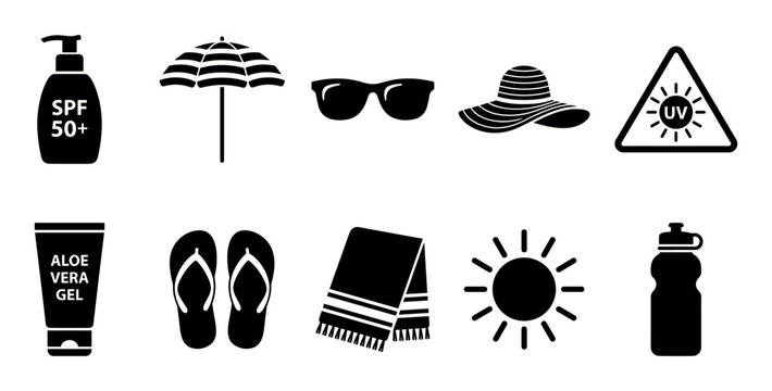 Summer beach sun protection accessories icons collection featuring essential items like sunscreen, sunglasses, and a beach umbrella for safe outdoor activities.