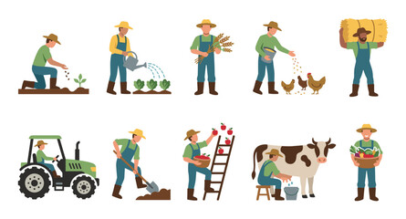 Fototapeta premium Farmers performing various agricultural tasks, cultivating crops, tending to livestock, and harvesting fresh produce on a vibrant farm.
