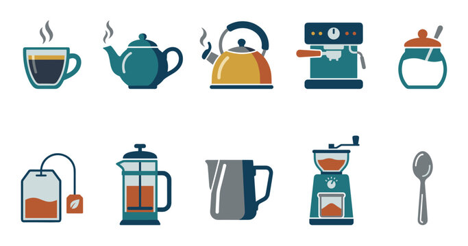 Coffee and tea preparation icons collection featuring various brewing equipment, serving items, and hot beverage essentials in a flat design style.