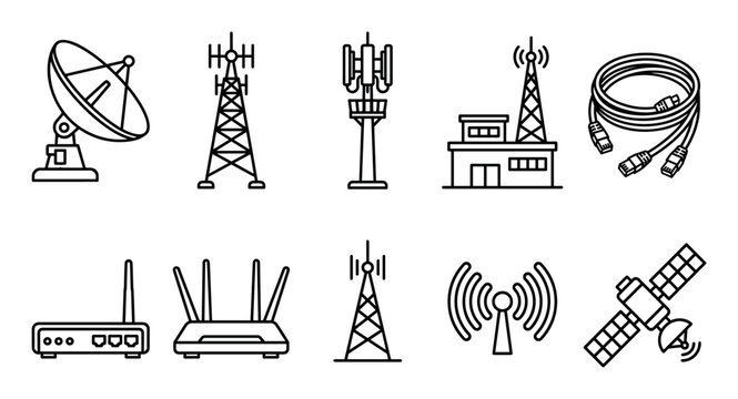 Telecommunication network technology icons representing global data connection infrastructure, wireless communication systems, and internet connectivity.