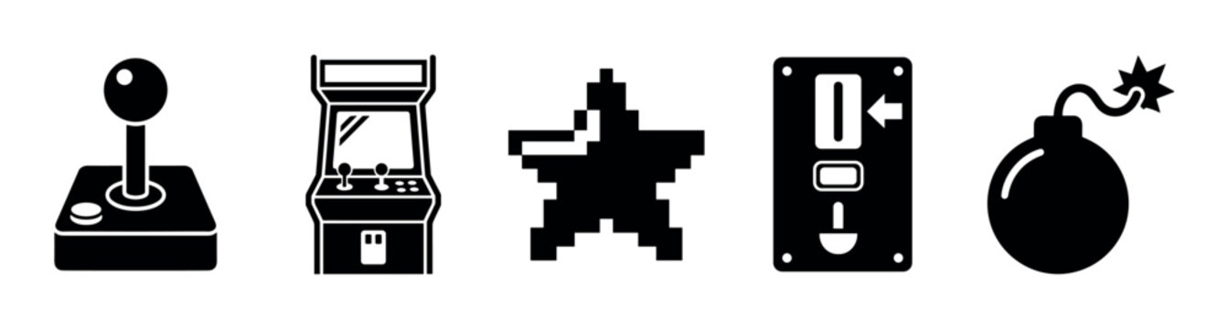 Retro gaming icons collection showcasing classic arcade elements like a joystick, game cabinet, pixelated star, floppy disk, and an exploding bomb.
