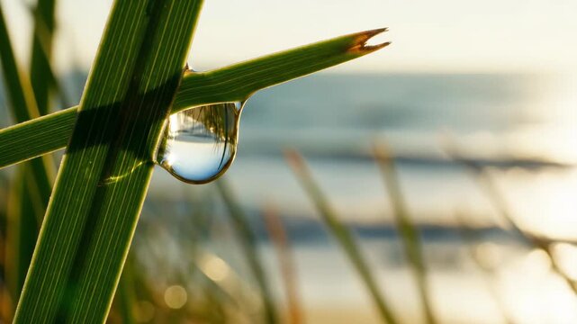 Water drop hanging on green leaf blade at sunrise. Macro view of moisture droplet reflecting seascape background. Environmental nature detail, morning dew concept