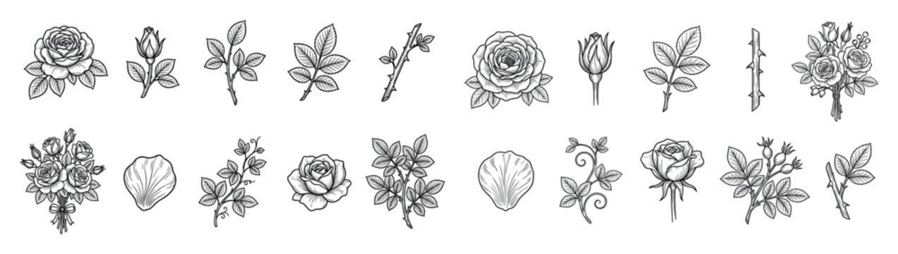 Vintage hand-drawn rose elements collection featuring various flowers, buds, leaves, thorny stems, and bouquets in an elegant engraved style.