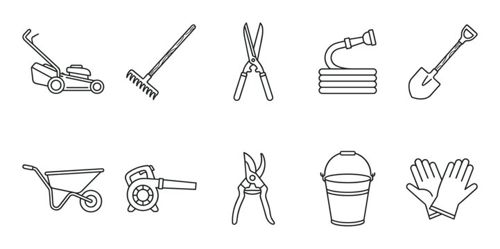 Gardening tools and equipment line art icons set featuring essential items for yard work, landscaping, and outdoor maintenance tasks.