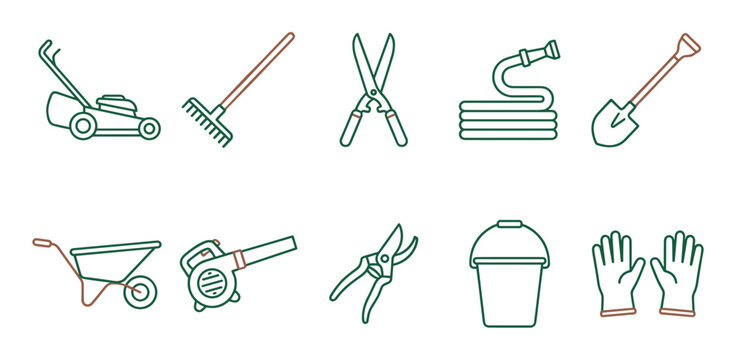 Gardening tools and equipment set includes essential items for yard work, horticulture, and various outdoor plant care activities.