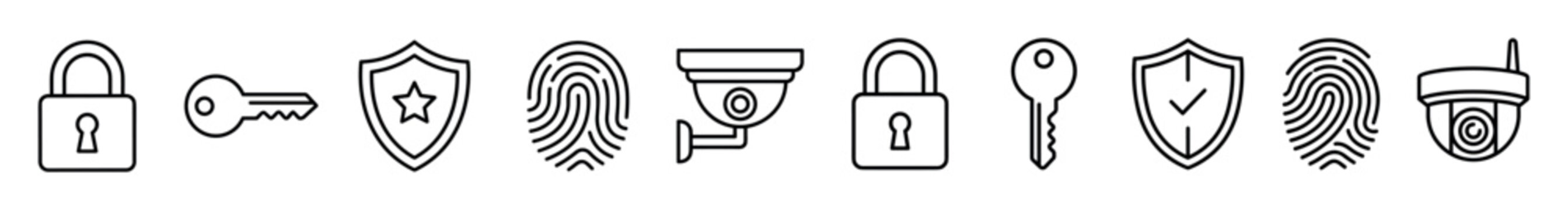 Padlocks, keys, shields, fingerprints, cameras, representing digital security and data protection concepts in a clean line art icon set.