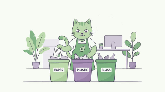 A cartoon cat is sorting trash into recycling bins for paper, plastic, and glass, promoting eco-friendly habits