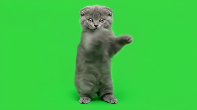 Adorable gray fold eared kitten dancing reaching paw out isolated on green screen chroma key background