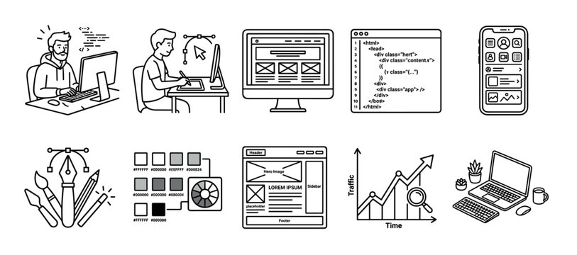 Digital development and design icons illustrating the comprehensive workflow of modern web creation, coding, graphic design, and data analysis.