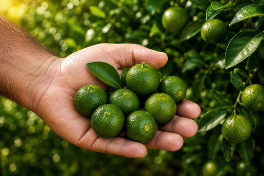 Fresh Calamansi Citrus Fruits in Farmer Hand on Tropical Orchard Tree