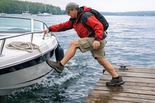 A person wearing a red jacket steps onto a boat, ready to set sail
