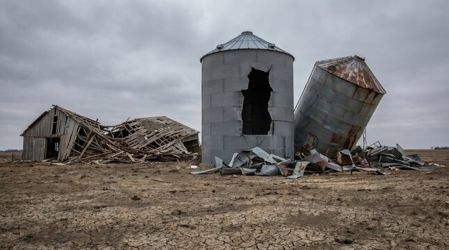 Collapsed wooden barn and severely damaged, rusty grain silos stand derelict in a desolate field. Feeling of abandonment and post-conflict devastation.