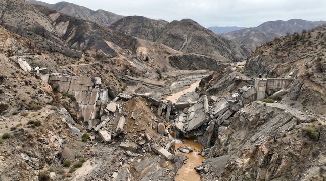 Broken concrete dam structures are scattered across a desolate, arid mountainous valley. A muddy river flows through the destruction, aftermath of conflict.