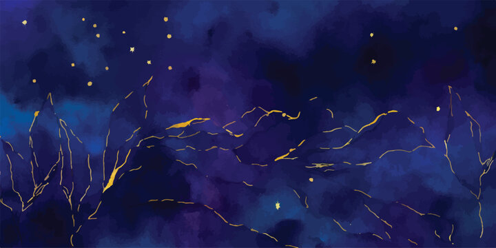 Night sky abstract painting with blue nebula and gold celestial lines abstract constellation painting background watercolor metallic ethereal celestial creative gradient backdrop artistic