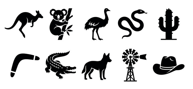 Australian animals and symbols icon set showcasing diverse wildlife, traditional tools, and outback elements in a clean silhouette style.