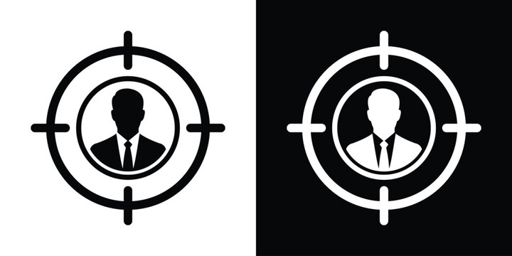 Businessman icon centered inside a target crosshair circle. Ideal graphic for customer targeting, precision recruitment, HR hiring metrics, and audience focus.