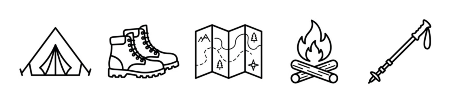 Camping and hiking outdoor adventure gear icons including tent, boots, map, campfire, and trekking pole for wilderness exploration.