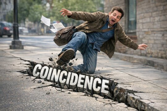 A person falls off a sign saying 'coincidence', a humorous and ironic situation