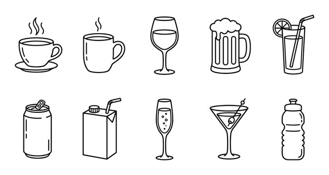 Various beverage icons featuring hot drinks, alcoholic beverages, and refreshing non-alcoholic options in a clean, minimalist line art style.