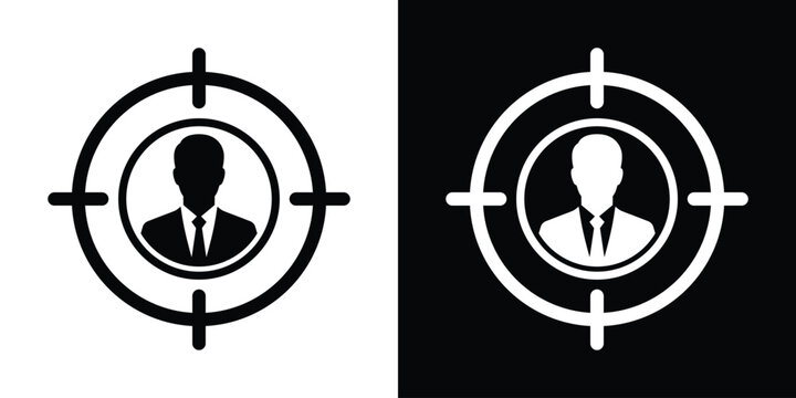 Businessman icon centered inside a target crosshair circle. Ideal graphic for customer targeting, precision recruitment, HR hiring metrics, and audience focus.