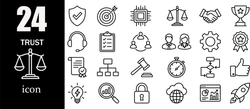 Trust and business ethics minimal line icon set, law justice and corporate compliance symbols vector