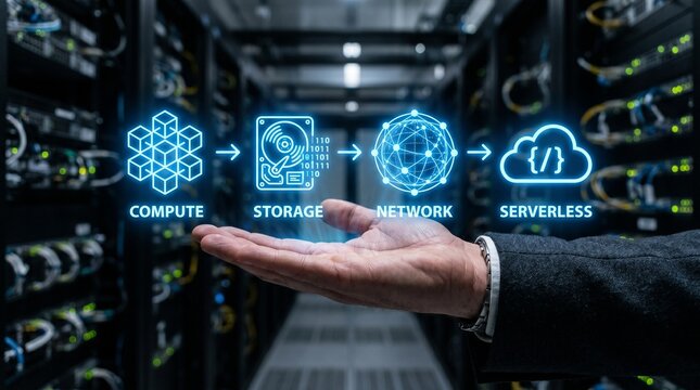 A person presenting a conceptual visualization of cloud computing with icons for compute, storage, network, and serverless on their palm in a server room
