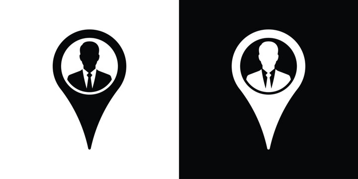 Businessman avatar icon inside a map pointer location pin. Minimalist black and white design for business navigation, corporate tracking, and user localization graphics.
