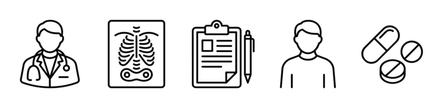 Essential medical icons including a doctor, x-ray, patient chart, person, and pills represent key components of healthcare services.