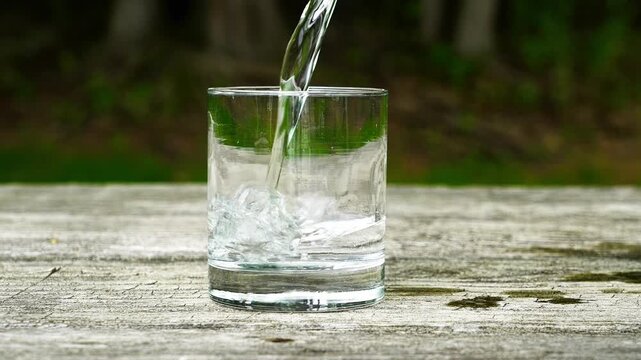 Clear, fresh water being poured from a plastic bottle into a transparent glass sitting on a rustic wooden table in a natural setting